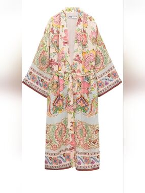 NWT Zara Floral Kimono Robe in Pink, Green, Cream